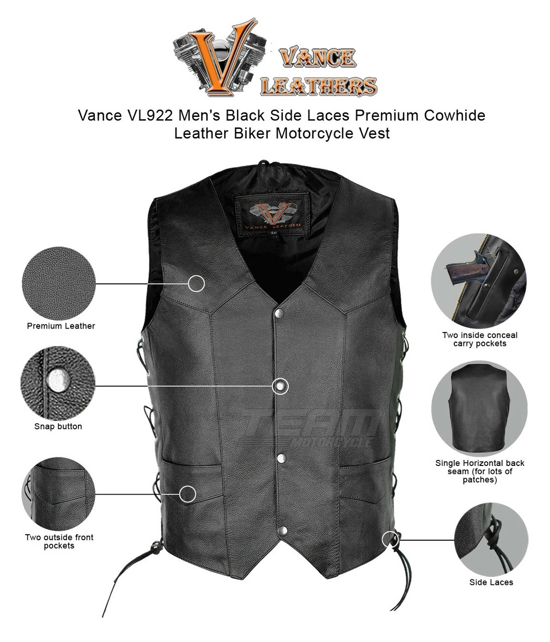 Vance VL922 Men's Black Side Laces Premium Cowhide Leather Biker Motorcycle Vest - Image 7