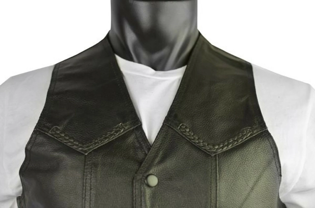 Jafrum MV301 Mens Black Braided Biker Leather Motorcycle Vest
