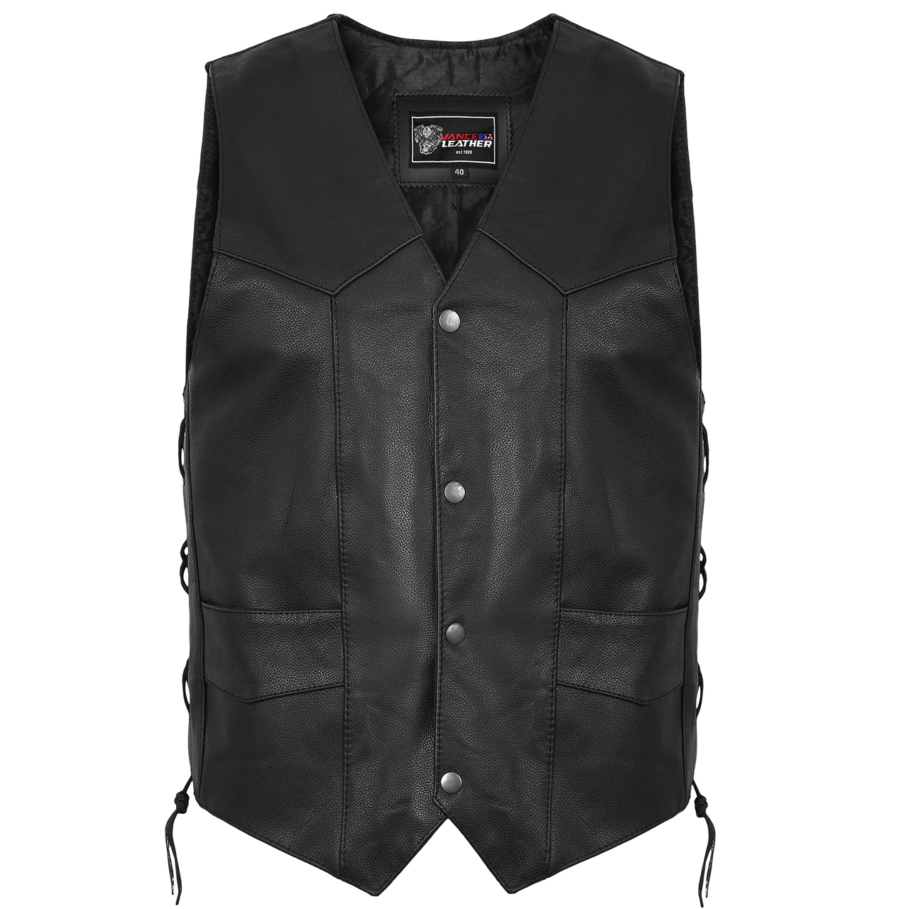 Vance VL922 Men's Black Side Laces Premium Cowhide Leather Biker Motorcycle Vest - Image 2