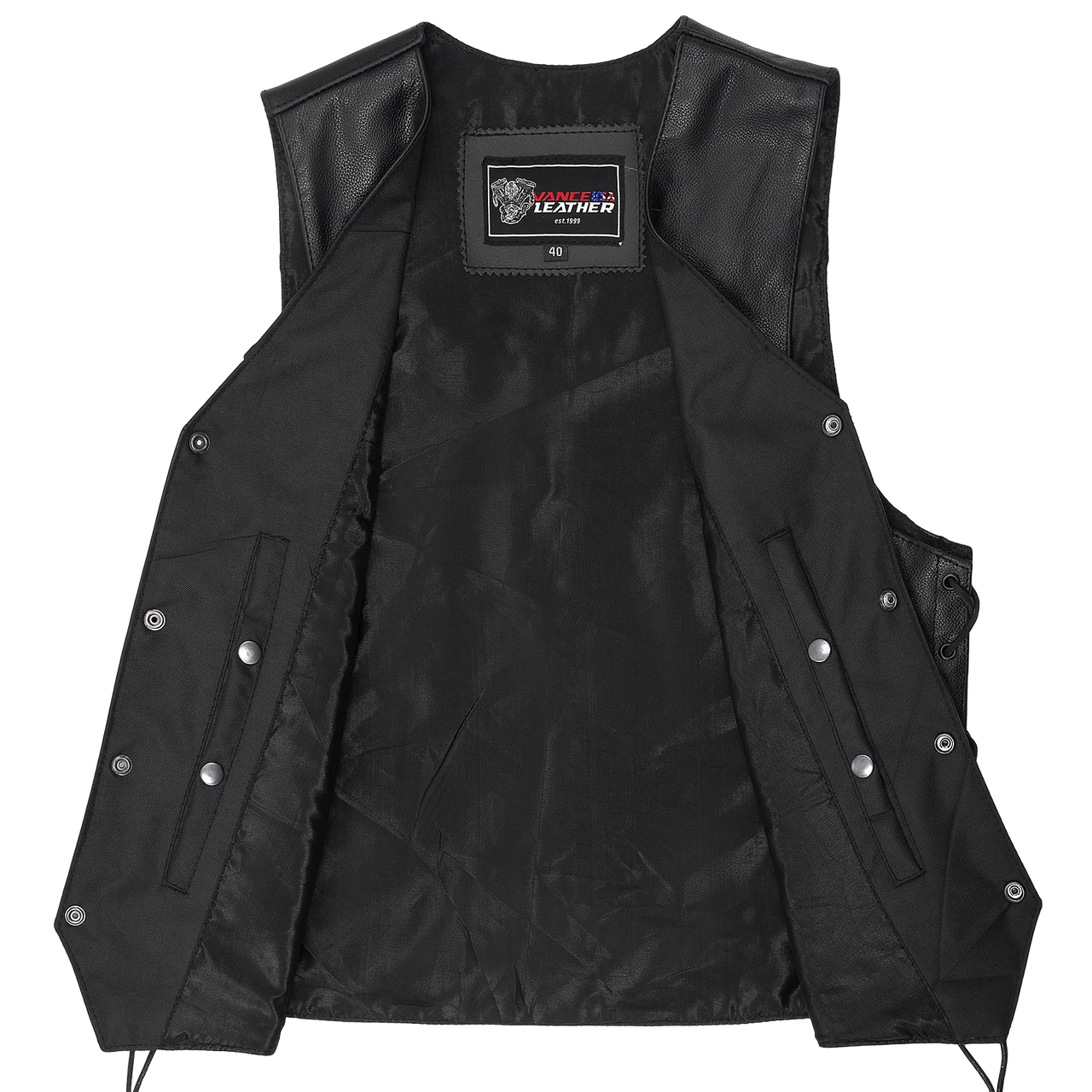 Vance VL922 Men's Black Side Laces Premium Cowhide Leather Biker Motorcycle Vest - Image 4
