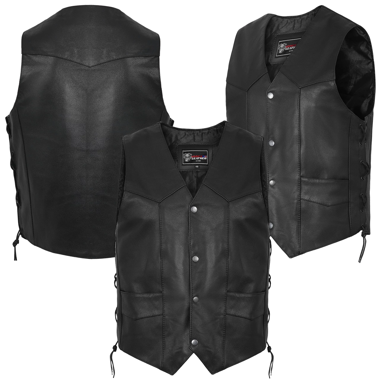 Vance VL922 Men's Black Side Laces Premium Cowhide Leather Biker Motorcycle Vest - Image 5