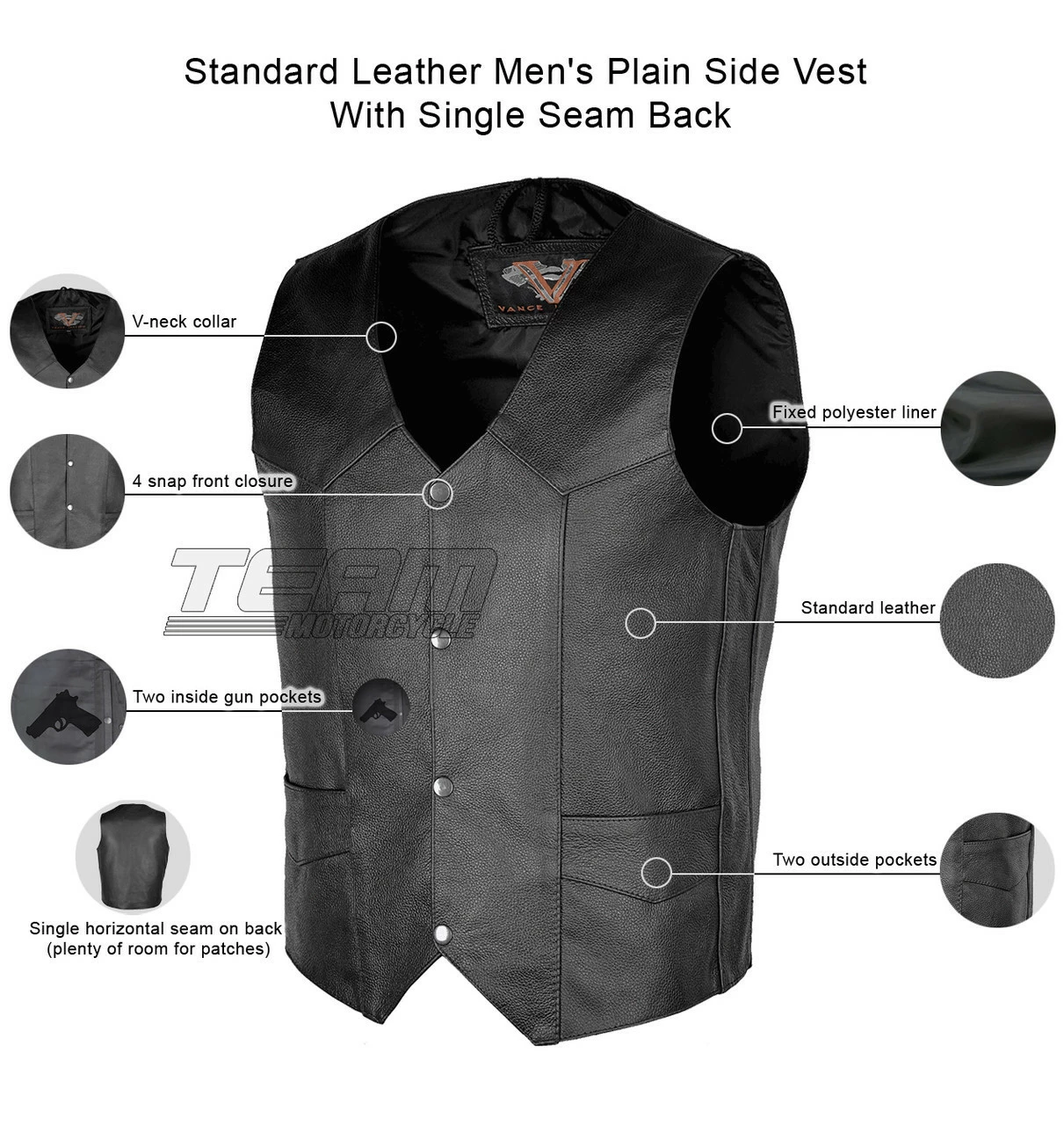 Vance VL921 Men's Black Premium Cowhide Biker Leather Motorcycle Vest - Image 7