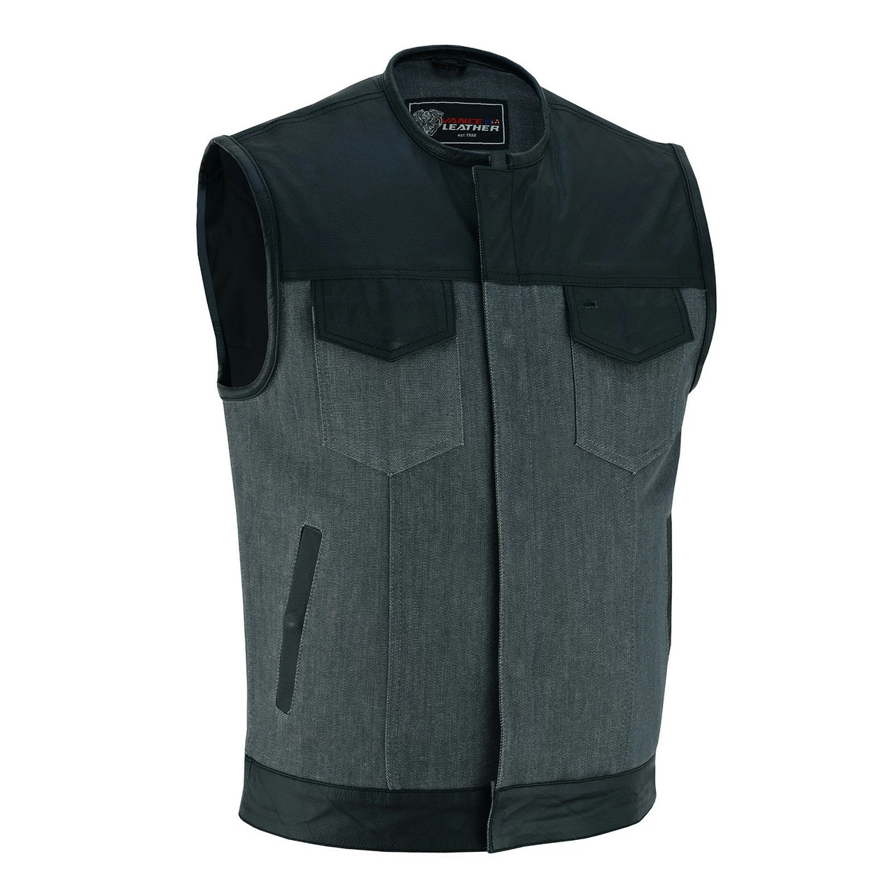 Vance Leathers Men's Grey Denim & Leather Motorcycle Vest With CCW Pockets 3 Vance Leathers Men's Grey Denim & Leather Motorcycle Vest With CCW Pockets