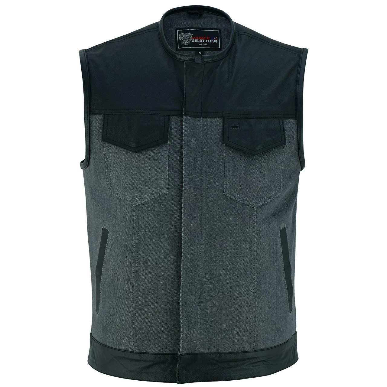 Vance Leathers Men's Grey Denim & Leather Motorcycle Vest With CCW Pockets 4 Vance Leathers Men's Grey Denim & Leather Motorcycle Vest With CCW Pockets - Image 2