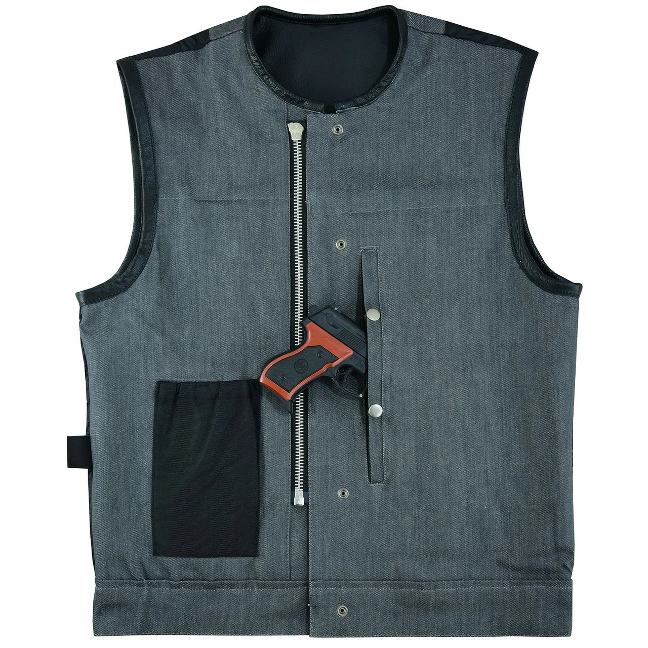 Vance Leathers Men's Grey Denim & Leather Motorcycle Vest With CCW Pockets 7 Vance Leathers Men's Grey Denim & Leather Motorcycle Vest With CCW Pockets - Image 5