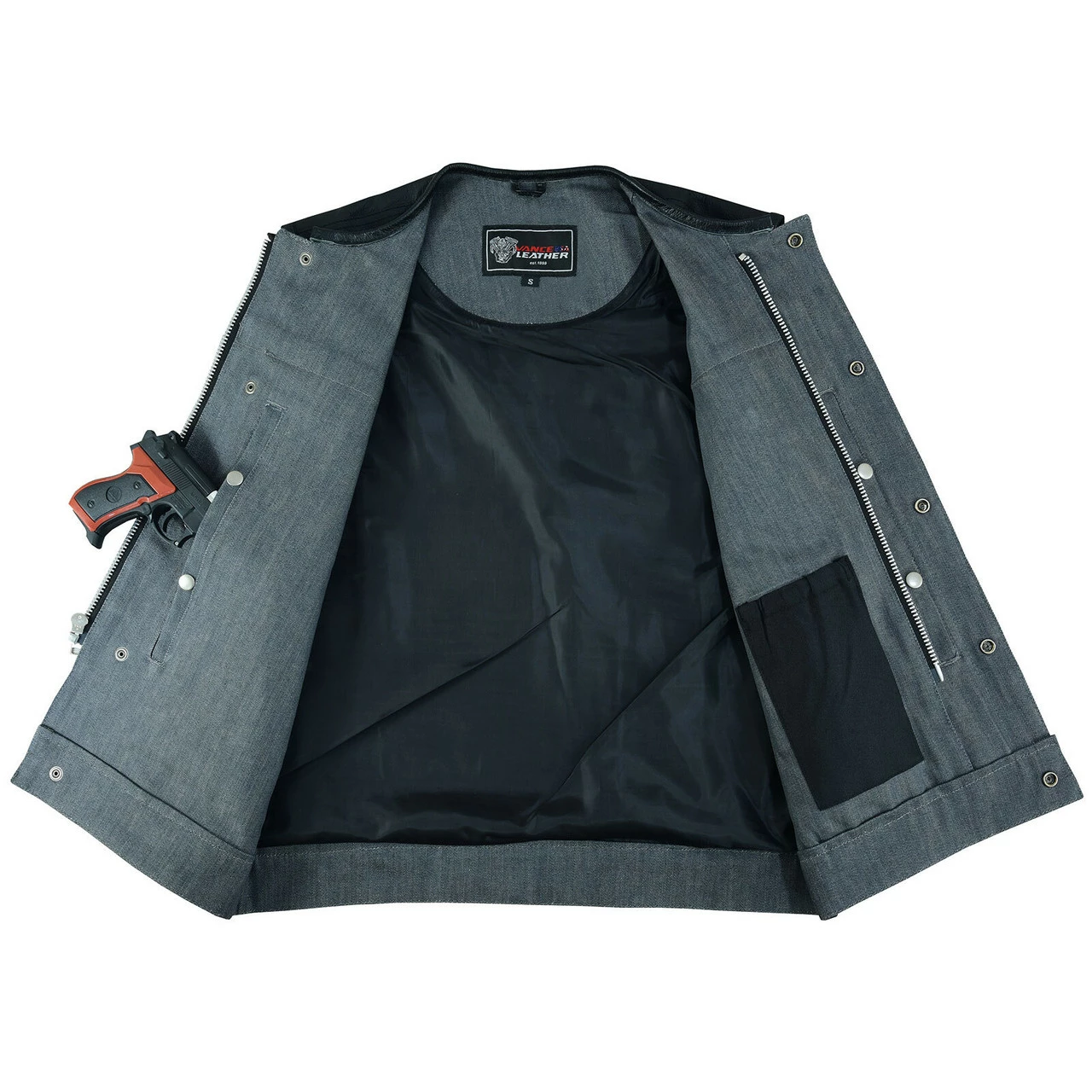 Vance Leathers Men's Grey Denim & Leather Motorcycle Vest With CCW Pockets 8 Vance Leathers Men's Grey Denim & Leather Motorcycle Vest With CCW Pockets - Image 6