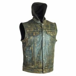 High Mileage HMM914HDB Mens Premium Cowhide Distressed Brown SOA Style Biker Club Leather Motorcycle Vest With Hoodie