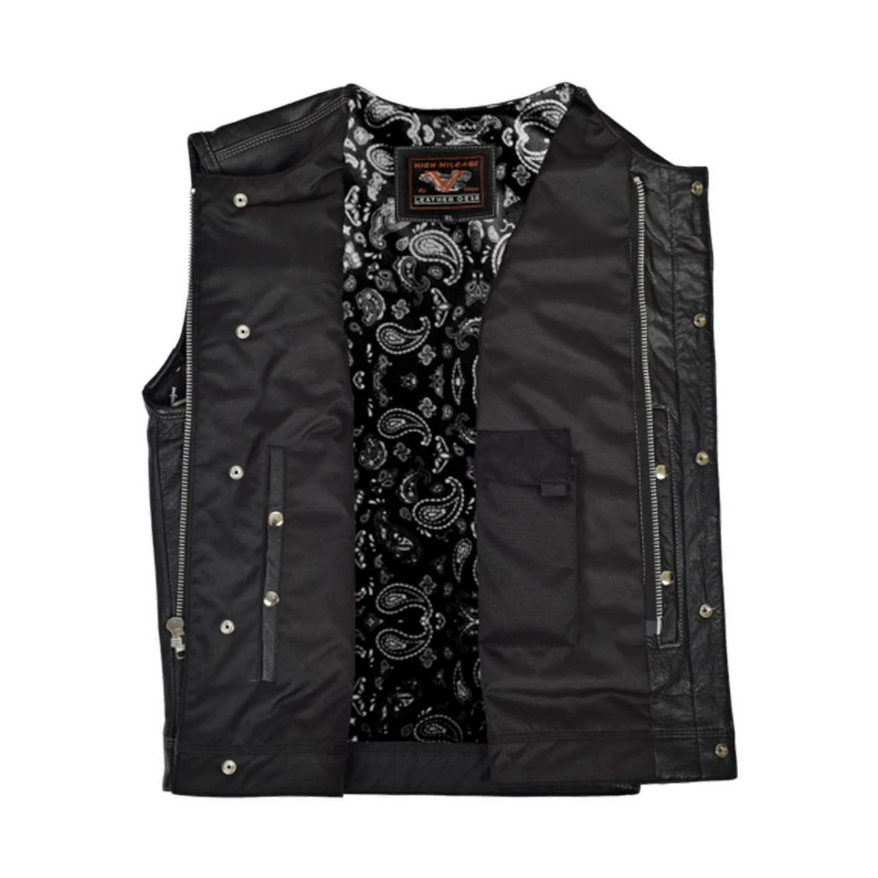 High Mileage HMM919BP Mens Black Paisley Design Liner Premium Cowhide Leather SOA Style Club Vest With Quick Access Conceal Carry Pocket 3 High Mileage HMM919BP Mens Black Paisley Design Liner Premium Cowhide Leather SOA Style Club Vest With Quick Access Conceal Carry Pocket