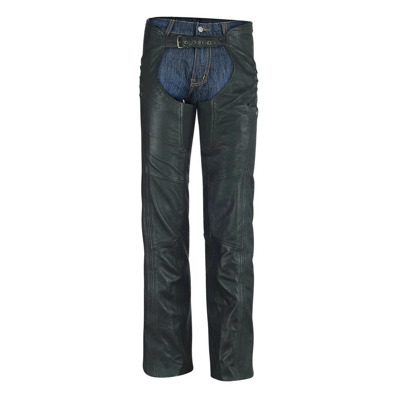 High Mileage HML838B Women's Black Premium Top Grain Goatskin Lady Biker Motorcycle Leather Chaps With Grommeted Twill And Lace - Image 4