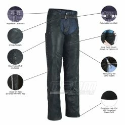 High Mileage HML838B Women's Black Premium Top Grain Goatskin Lady Biker Motorcycle Leather Chaps With Grommeted Twill And Lace