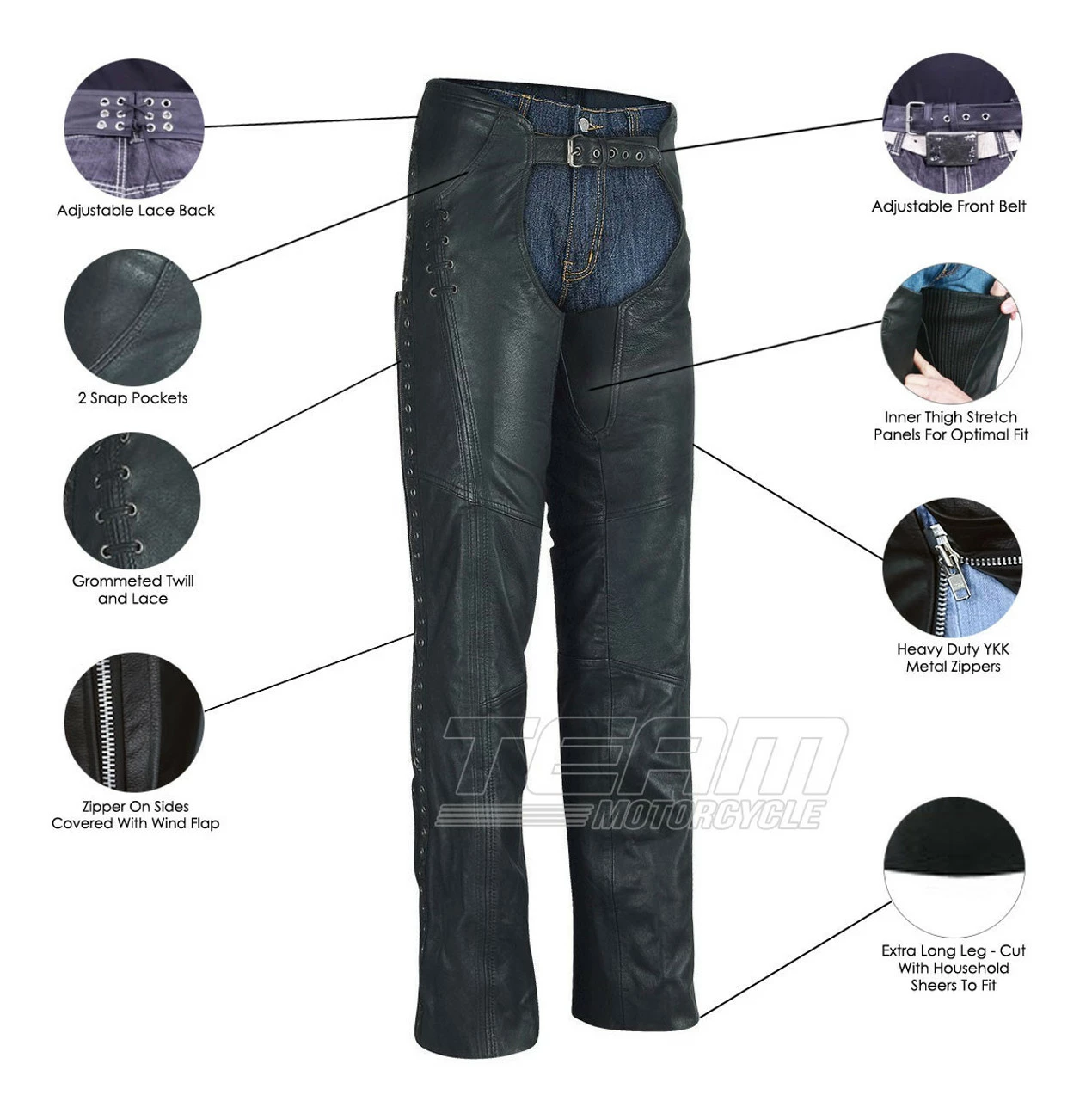 High Mileage HML838B Women's Black Premium Top Grain Goatskin Lady Biker Motorcycle Leather Chaps With Grommeted Twill And Lace