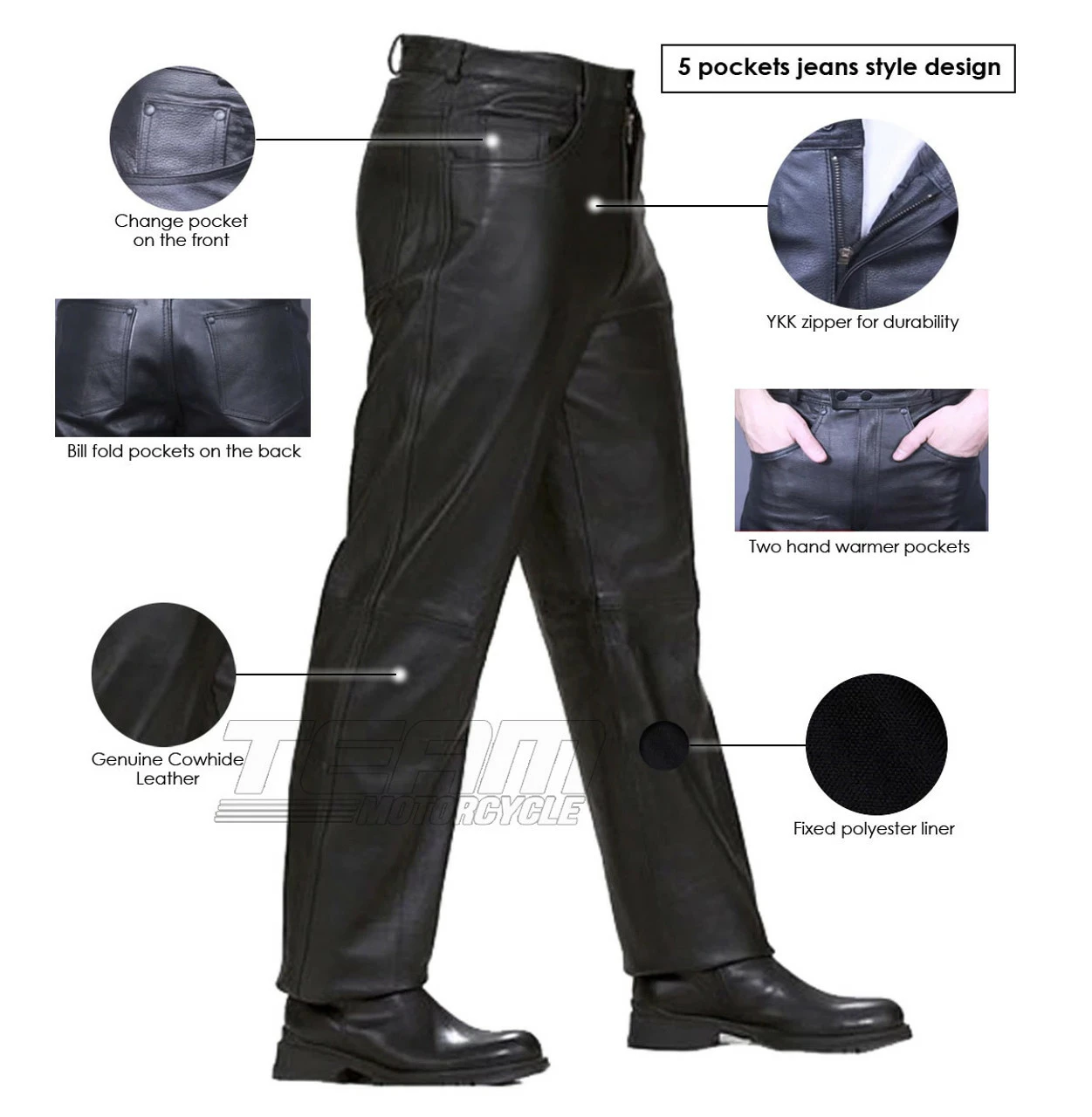 Mens Black Premium Cowhide Jeans Style Biker Motorcycle Leather Pants