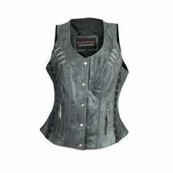 High Mileage HML1038DG Womens Distressed Gray Premium Soft Goatskin Leather Vest With Twill Lace And Grommet Highlights
