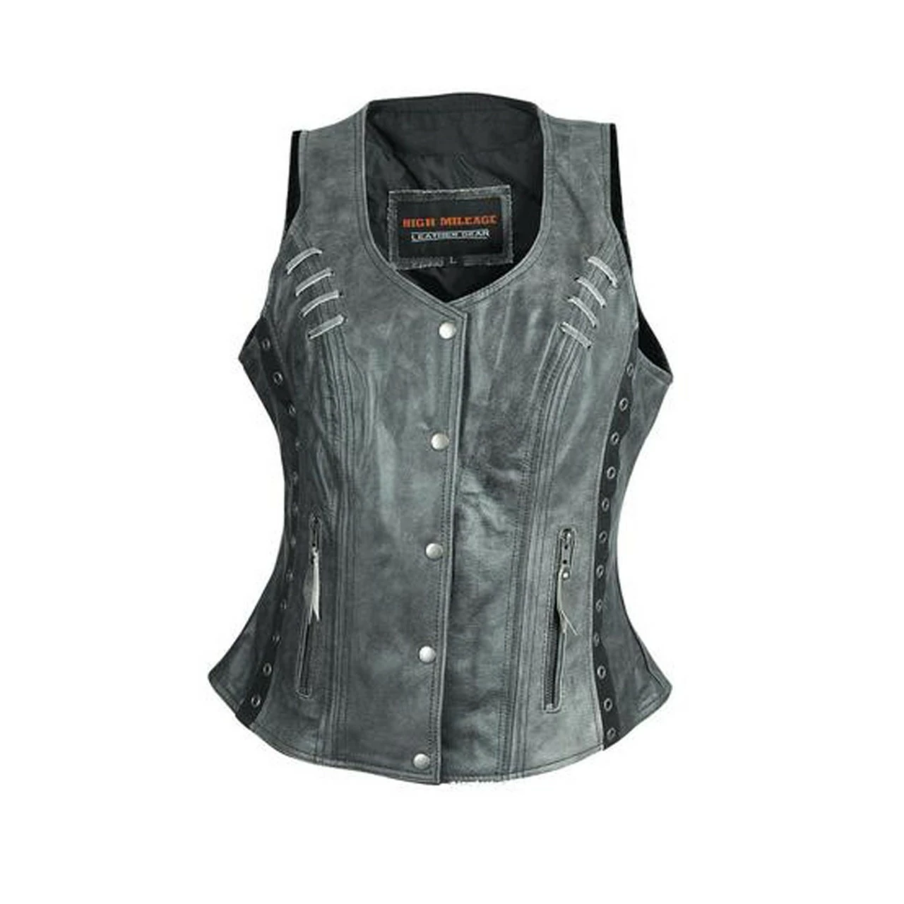 High Mileage HML1038DG Womens Distressed Gray Premium Soft Goatskin Leather Vest With Twill Lace And Grommet Highlights 3 High Mileage HML1038DG Womens Distressed Gray Premium Soft Goatskin Leather Vest With Twill Lace And Grommet Highlights