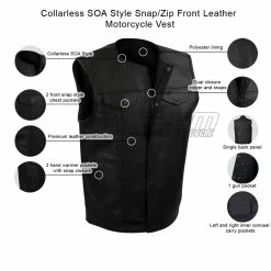 Vance MV122 Mens Black Collarless SOA Style Snap/Zip Front Leather Motorcycle Vest