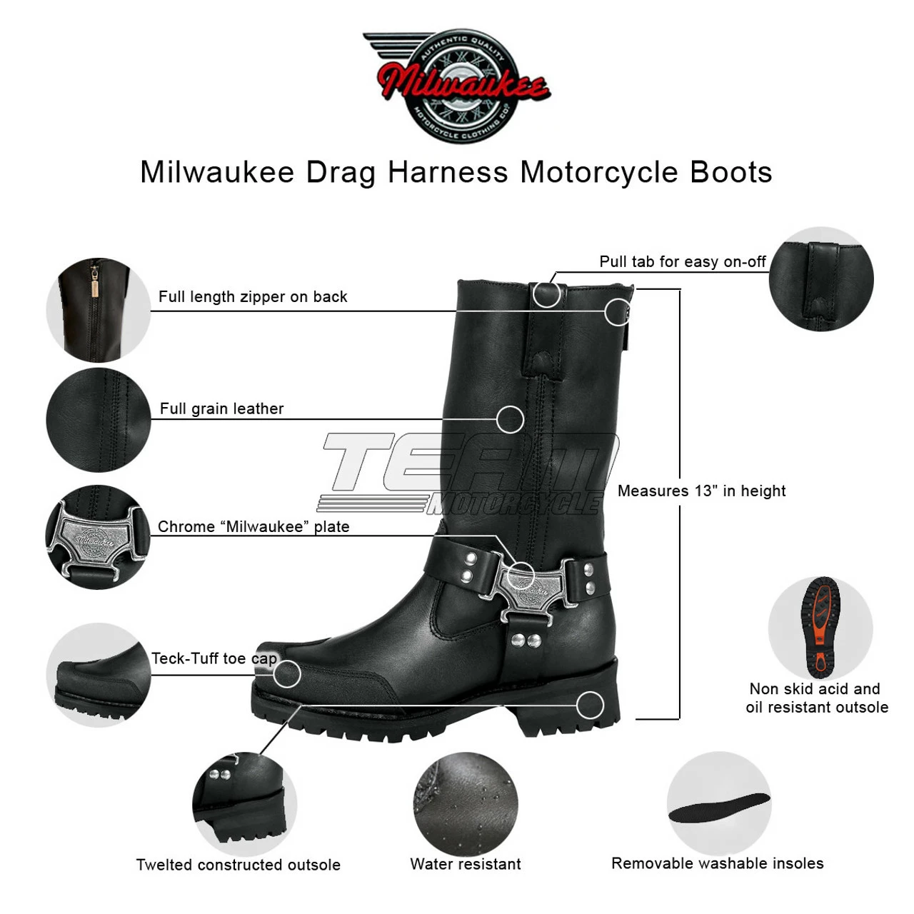 Mens Milwaukee Motorcycle Clothing Company MMCC Drag Harness Motorbike Biker Riding Black Leather Boots - Image 2