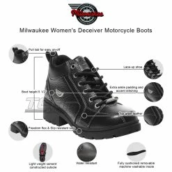 Womens Milwaukee Motorcycle Clothing Company MMCC Deceiver Motorbike Biker Riding Black Leather Boots