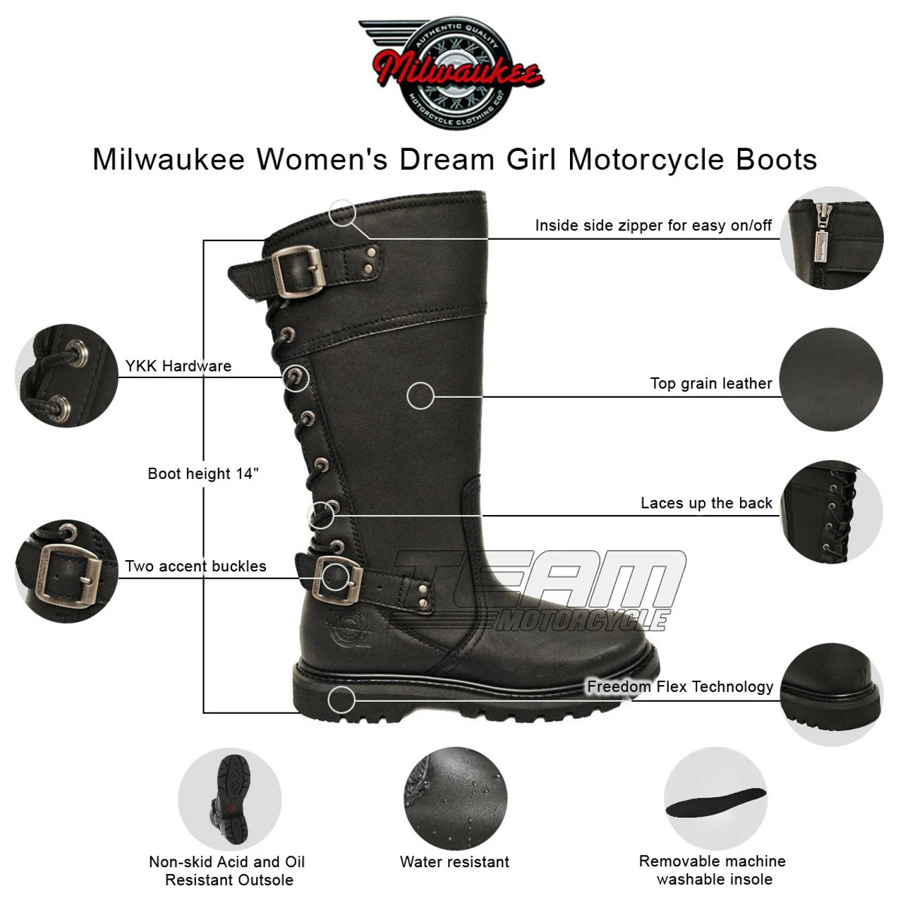 Womens Milwaukee Motorcycle Clothing Company MMCC Dream Girl Motorbike Biker Riding Black Leather Boots - Image 2