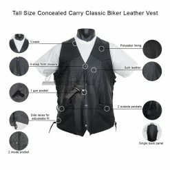 Vance MV103 Tall Size Men's Concealed Carry Lace Side Biker Motorcycle Leather Vest