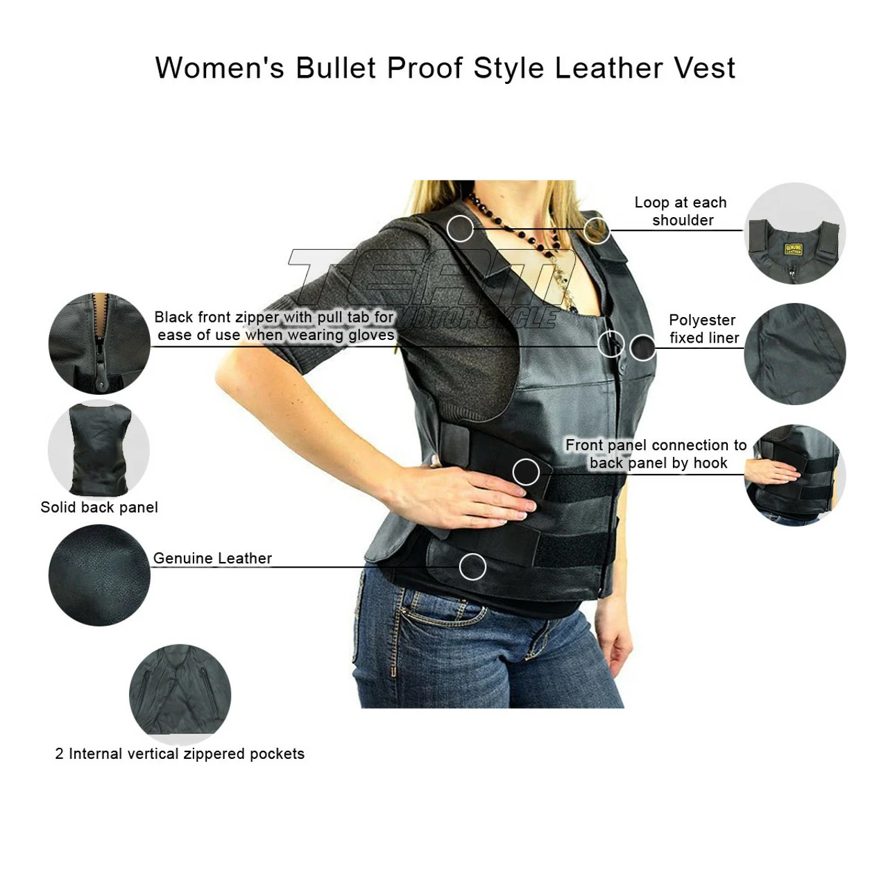 Jafrum LV750 Women's Black Bulletproof Style Biker Leather Motorcycle Vest 3 Jafrum LV750 Women's Black Bulletproof Style Biker Leather Motorcycle Vest