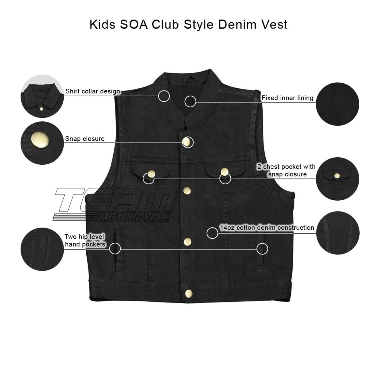 KV744 Kids Childrens Boys Girls Biker Motorcycle SOA Club Style Black Or Blue Denim Vest
