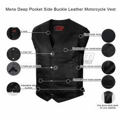 Vance MV111 Mens Black Deep Pocket Leather Motorcycle Biker Vest