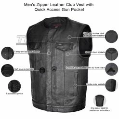 High Mileage HMM919 Mens Black Premium Cowhide Leather SOA Style Club Vest With Quick Access Conceal Carry Pocket