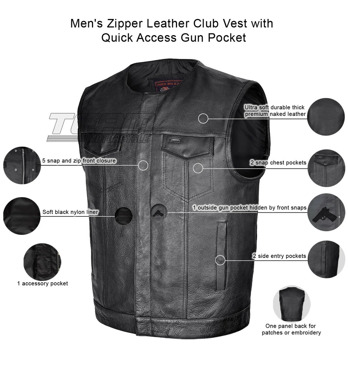 High Mileage HMM919 Mens Black Premium Cowhide Leather SOA Style Club Vest With Quick Access Conceal Carry Pocket 3 High Mileage HMM919 Mens Black Premium Cowhide Leather SOA Style Club Vest With Quick Access Conceal Carry Pocket
