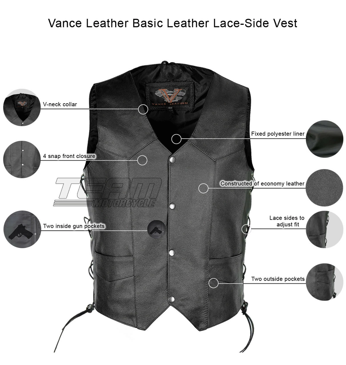 Vance VL902S Mens Black Side Lace Leather Vest 3 Vance VL902S Mens Black Side Lace Leather Vest