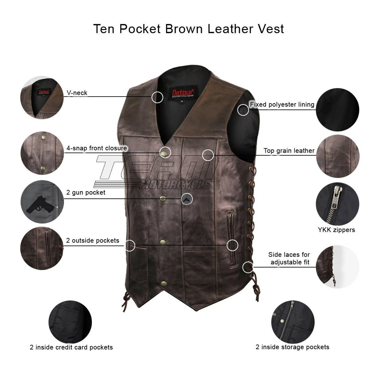 Jafrum MV915 Mens Brown Ten Pocket Cowhide Leather Motorcycle Vest
