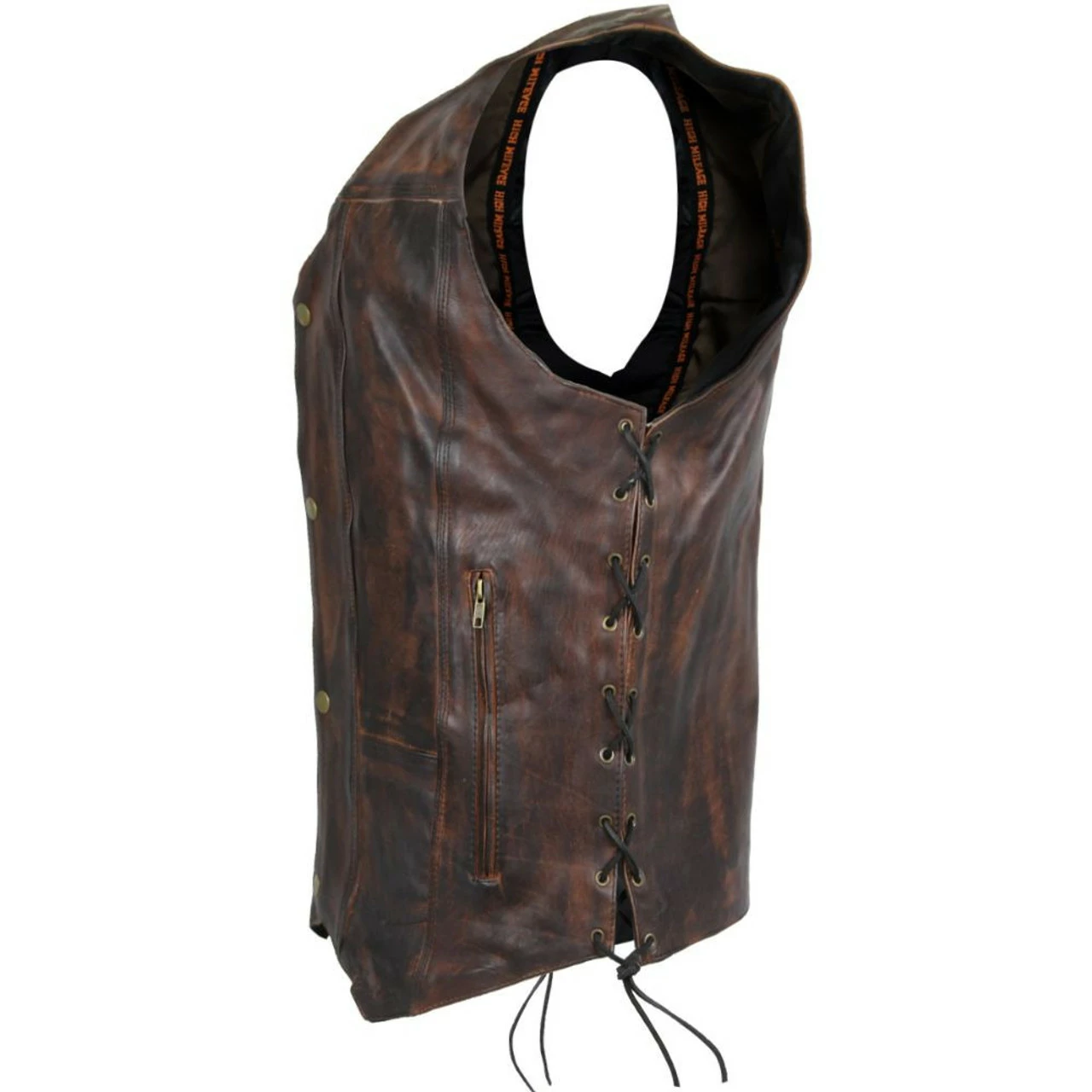 High Mileage HMM915VB Mens Vintage Brown Premium Cowhide Ten Pocket Leather Motorcycle Vest - Image 2