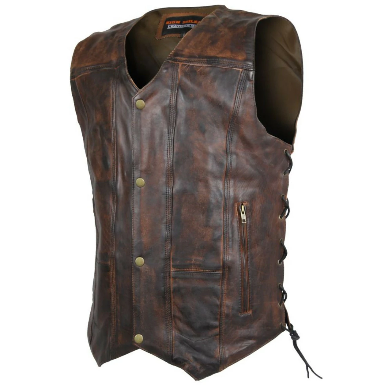 High Mileage HMM915VB Mens Vintage Brown Premium Cowhide Ten Pocket Leather Motorcycle Vest - Image 3