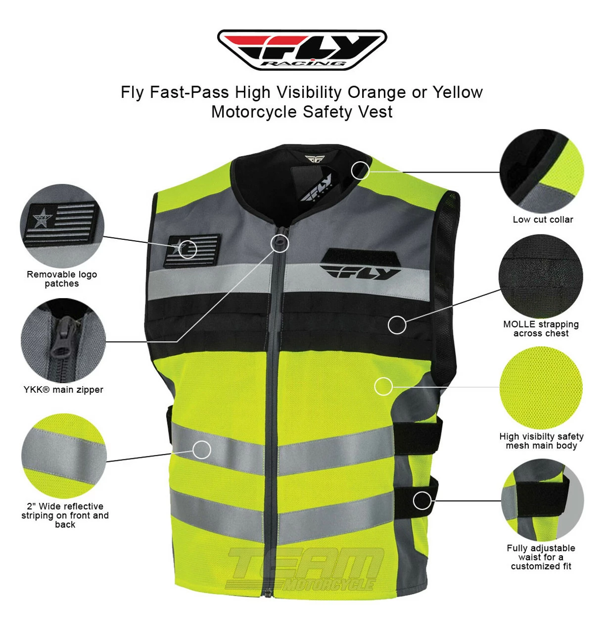 Fly Fast-Pass High Visibility Orange Or Yellow Motorcycle Safety Vest