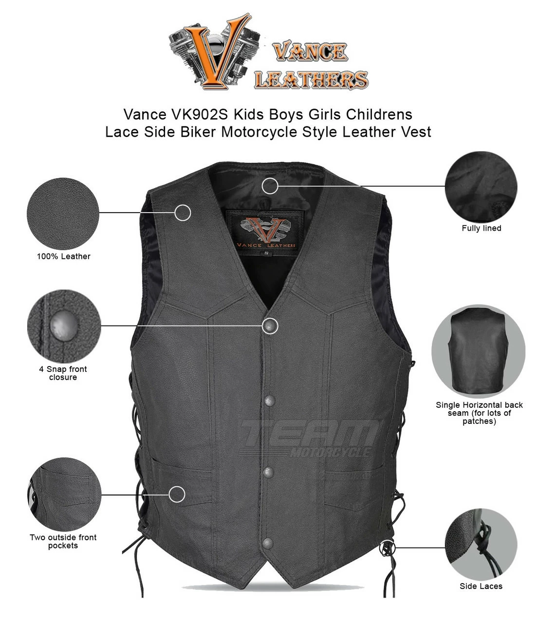 Vance VK902S Kids Boys Girls Childrens Lace Side Biker Motorcycle Style Leather Vest