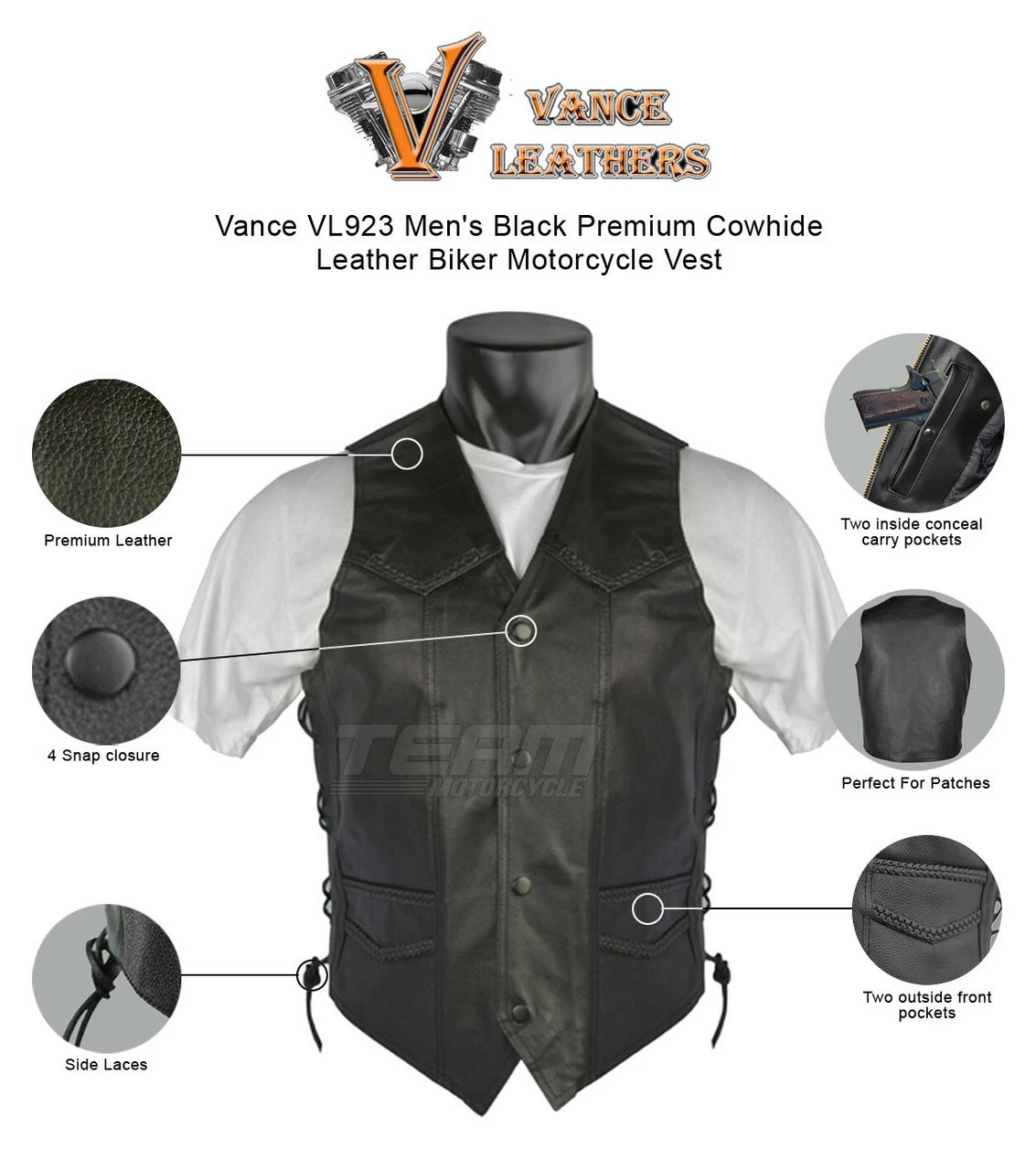 Vance VL923 Men's Black Premium Cowhide Leather Biker Motorcycle Vest