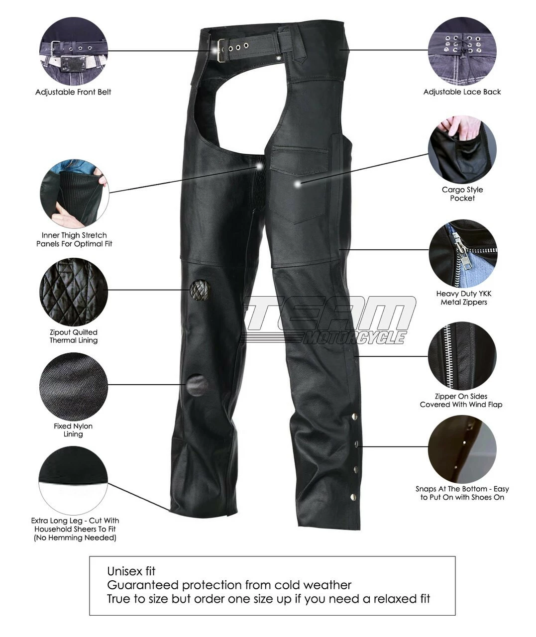 Vance Leather VL805S Mens And Womens All Season Black Zip-out Insulated Thermal Liner Biker Leather Motorcycle Chaps