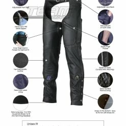 Vance Leather VL804S Men And Women All Season Black Zipout Insulated Thermal Lined Zipper Pocket Biker Motorcycle Leather Chaps