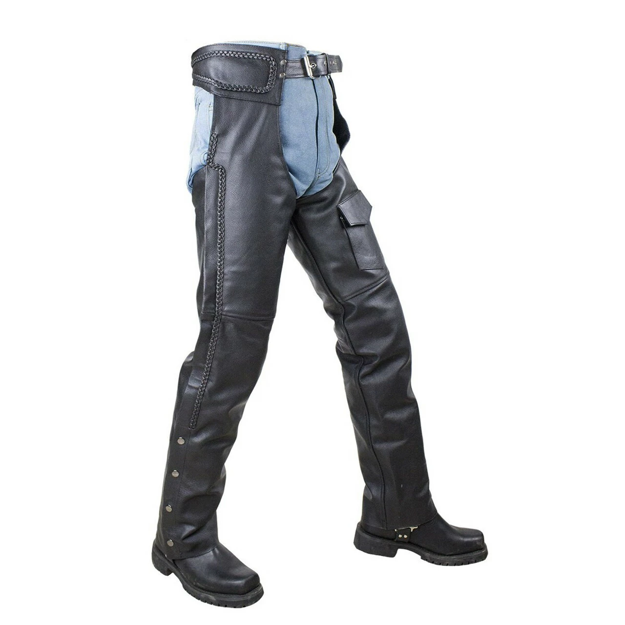 Vance Leather VL802S Mens And Womens All Season Black Zip-out Insulated Thermal Liner Braided Biker Leather Motorcycle Chaps - Image 3