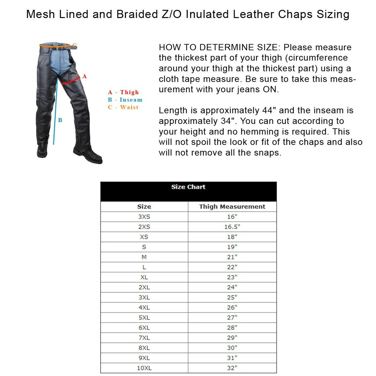Vance Leather VL802S Mens And Womens All Season Black Zip-out Insulated Thermal Liner Braided Biker Leather Motorcycle Chaps - Image 4