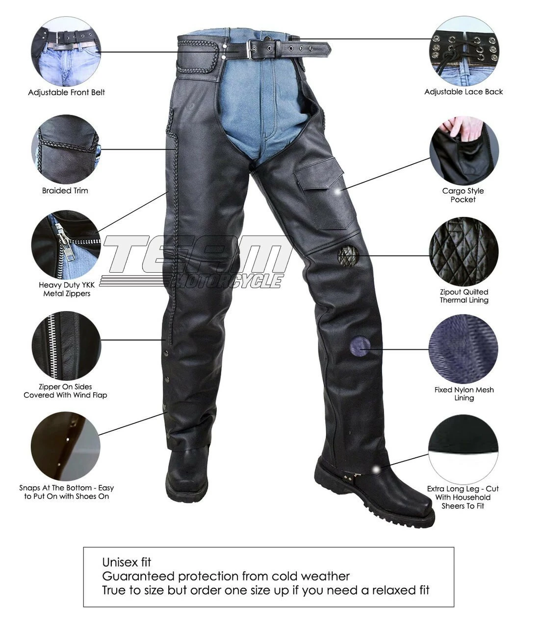 Vance Leather VL802S Mens And Womens All Season Black Zip-out Insulated Thermal Liner Braided Biker Leather Motorcycle Chaps