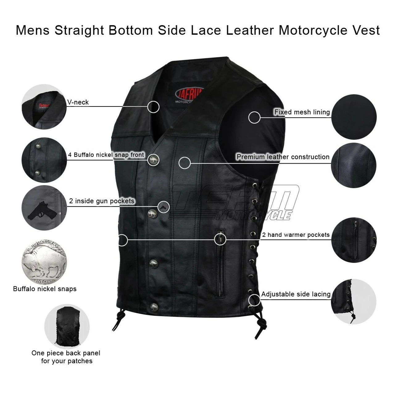 Vance VL939S Mens Black Straight Bottom Leather Motorcycle Vest