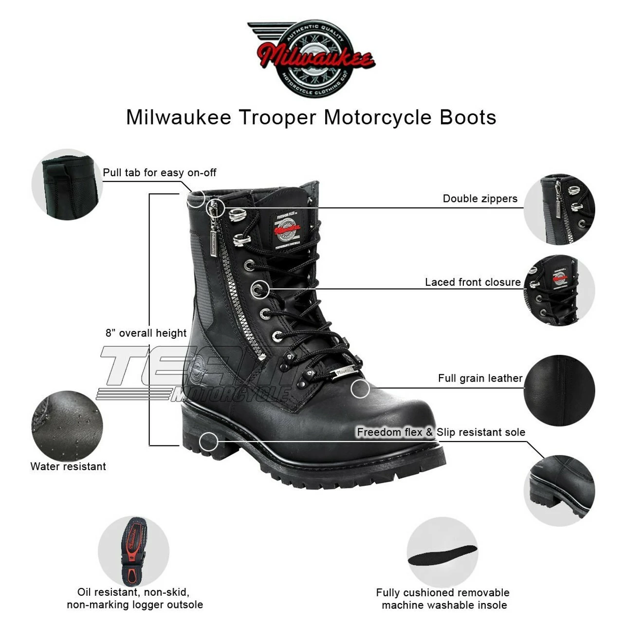 Mens Milwaukee Motorcycle Clothing Company MMCC Trooper Motorbike Biker Riding Black Leather Boots - Image 2
