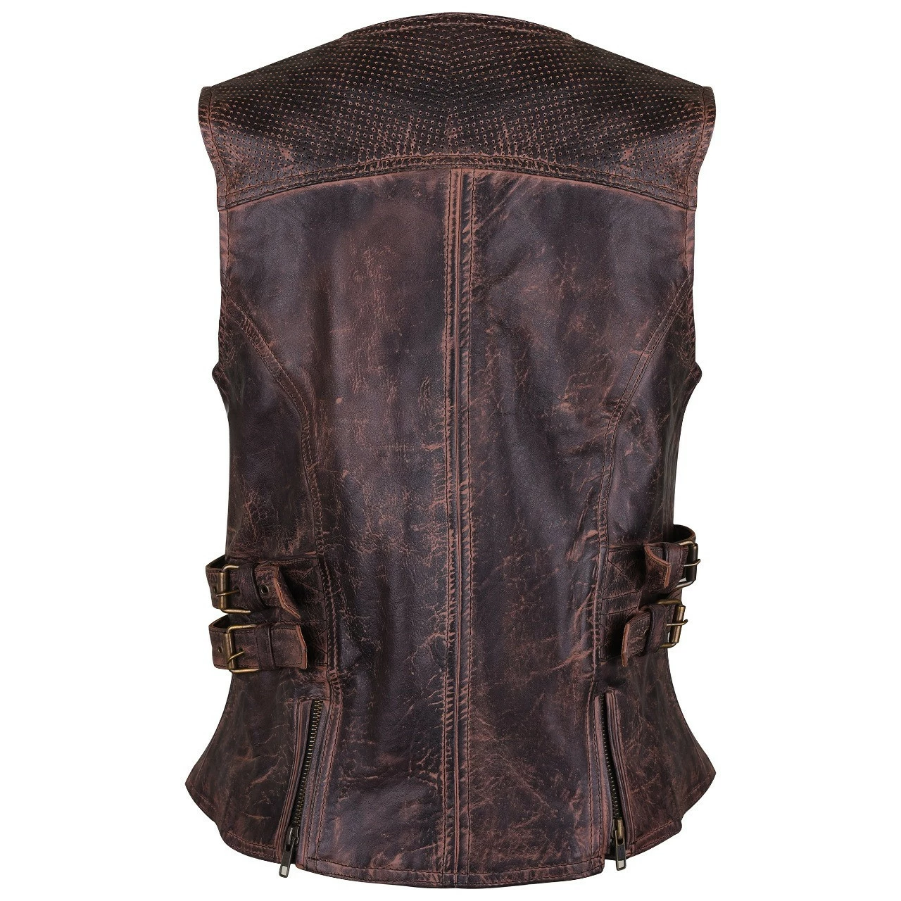 High Mileage HML1037VB Womens Vintage Brown Premium Cowhide Biker Motorcycle Leather Vest With Buckles - Image 2
