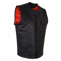 High Mileage HMM919R Mens Black Premium Cowhide Leather SOA Style Club Vest With Quick Access Conceal Carry Pocket And Red Liner