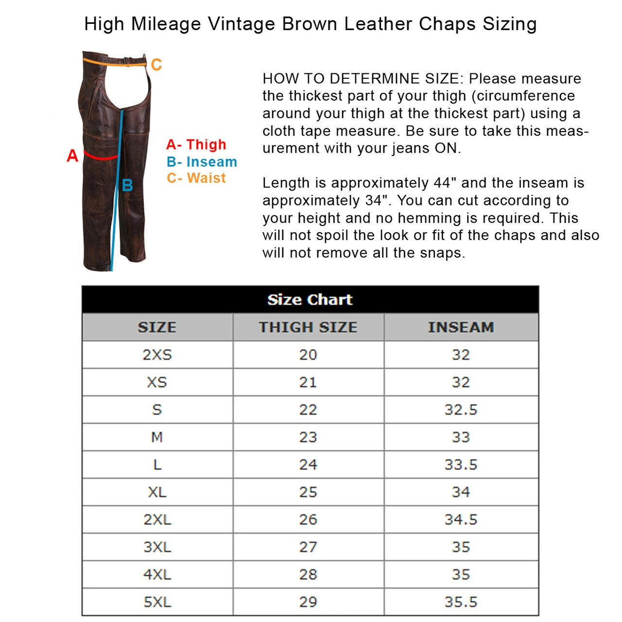 High Mileage HM814VB Men's And Women's Vintage Distressed Brown Biker Motorcycle Leather Chaps - Image 4