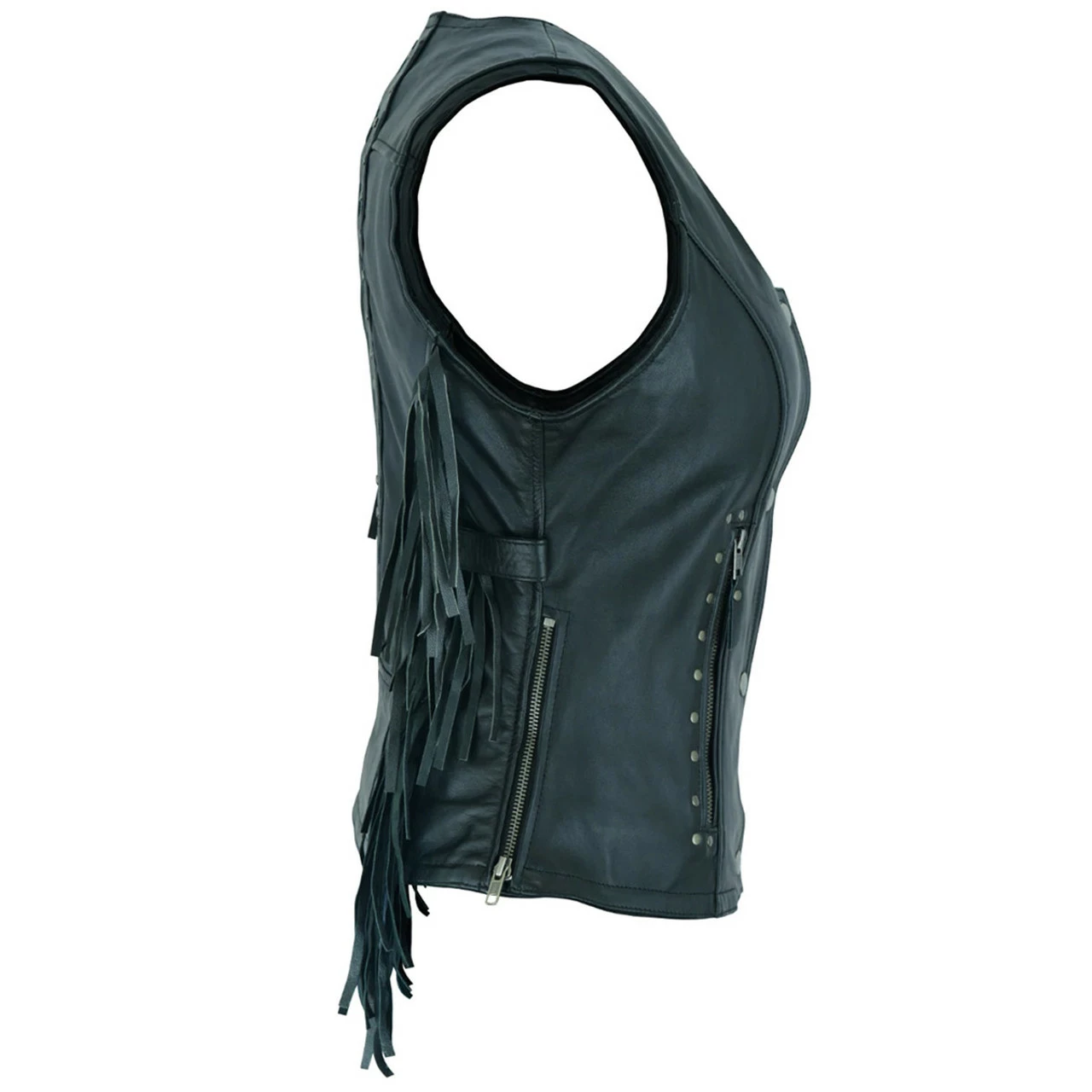 High Mileage HML1104 'Roxy' Ladies Premium Black Vest With Fringes And Rivets - Image 2