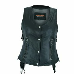 High Mileage HML1104 'Roxy' Ladies Premium Black Vest With Fringes And Rivets
