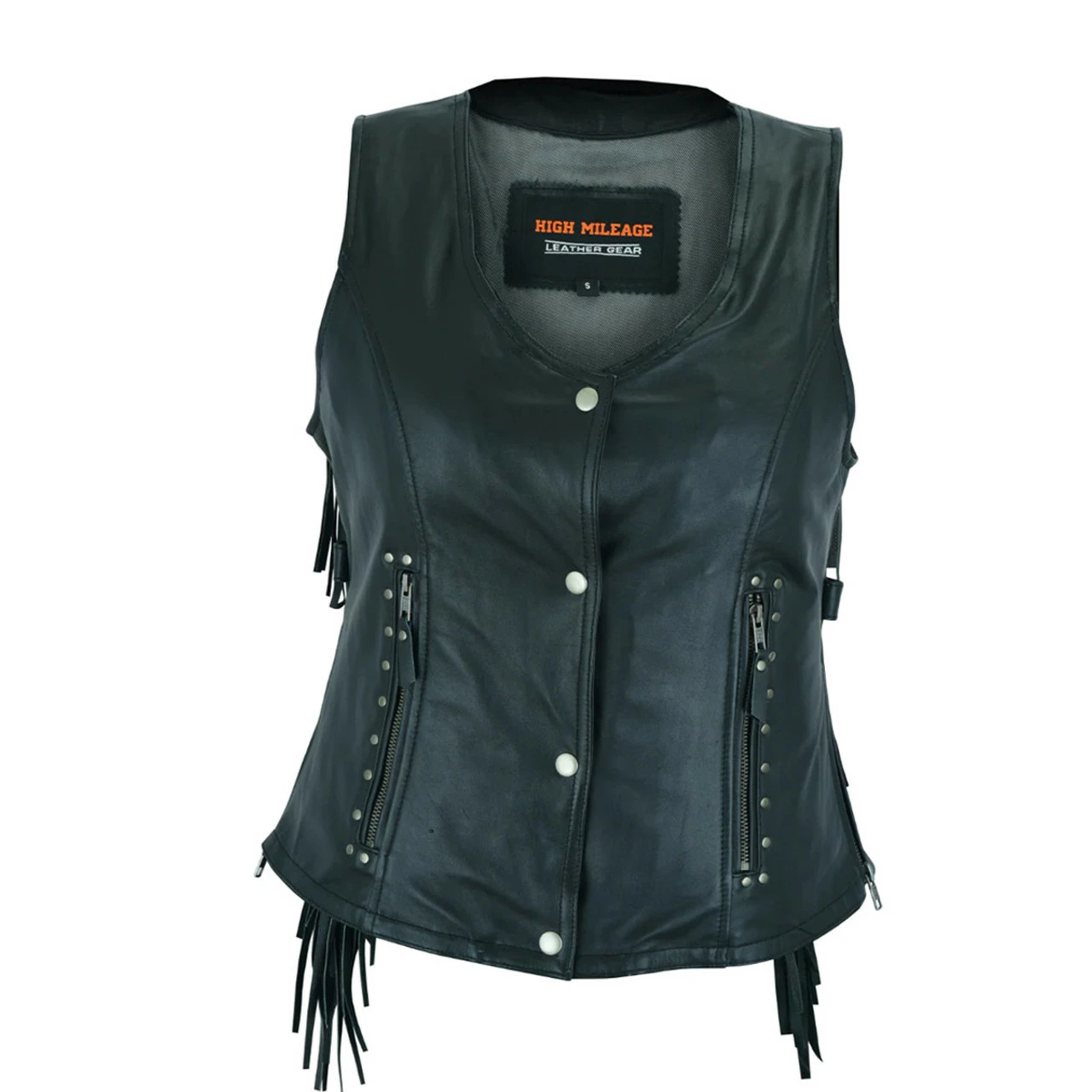 High Mileage HML1104 'Roxy' Ladies Premium Black Vest With Fringes And Rivets