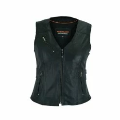 High Mileage HML1037B Womens Black Premium Cowhide Biker Motorcycle Leather Vest With Buckles