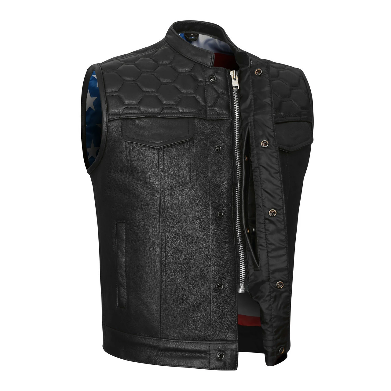 High Mileage HMM914P Men's Zipper And Snap Closure Leather Club Vest With Padding Quick Access With American Flag Liner - Image 2